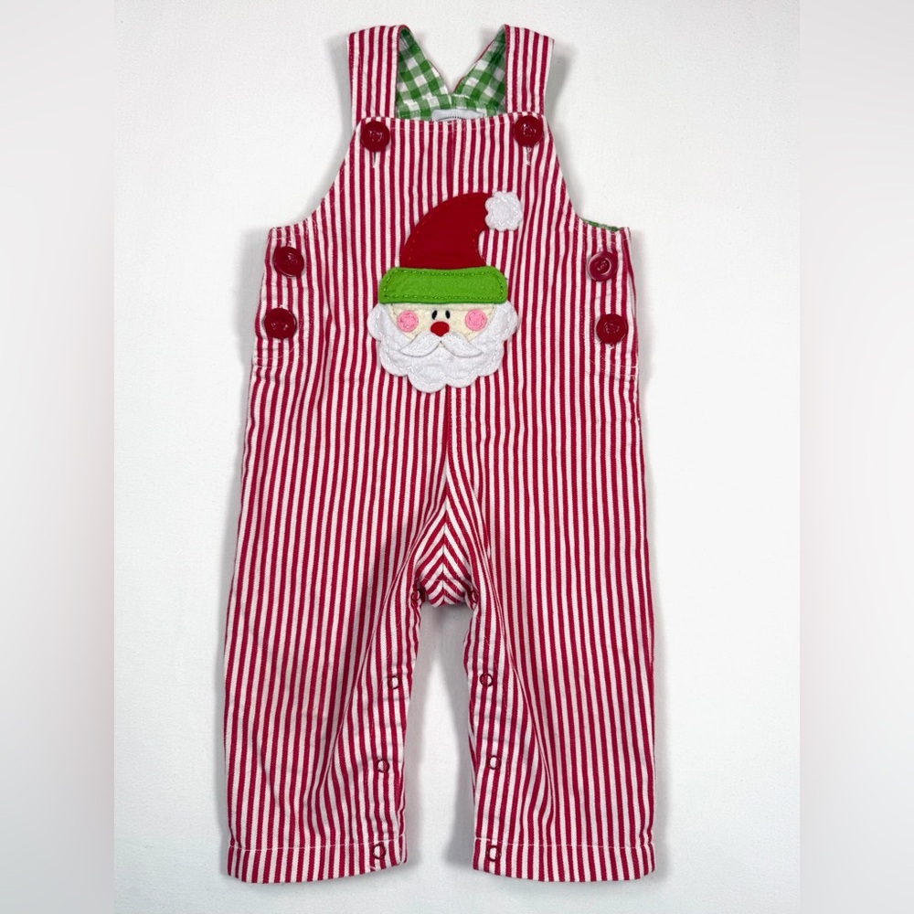MUD PIE Boys Santa Stripe Overalls 12-18M Christmas Applique Holiday Cute‎